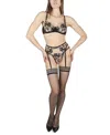 Memoi Women's 3 Piece Ingrid Garter, Bra And Thong Lingerie Set In Black