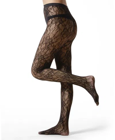 Memoi Women's "blooming Floral" Fashion Net Tights In Black