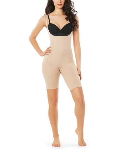Memoi Women's Braless Sculpted Shapewear Bodysuit With Thigh Shaper In Nude