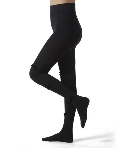 Memoi Women's Ribbed Velvety-bow-trimmed Cotton Blend Tights In Black