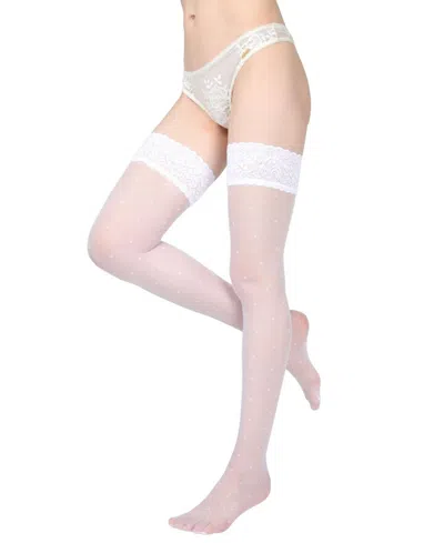 Memoi Women's Seduction Sheer Allover Dot Thigh High Stockings In White