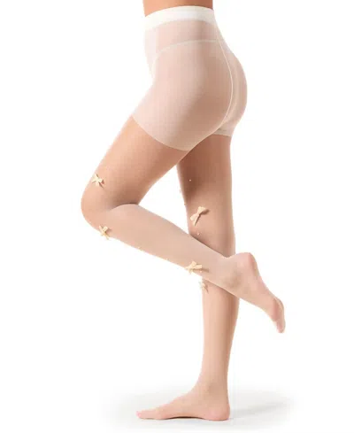 Memoi Women's Sheer Fashion Velvet Bows And Faux Pearl Studded Tights In White