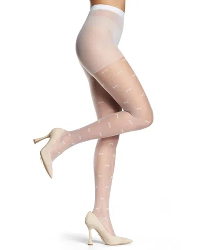 Memoi Women's Sheer Knit-in Bows Tights In White