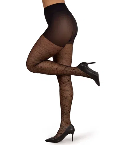 Memoi Women's Sketch Floral Sheer Control Top Tights In Black