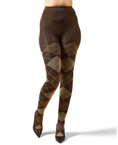 Memoi Women's Textured Argyle Patterned Sweater Tights In Brown Heather