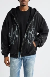 Memory Lane Flame Studded Graphic Zip Hoodie In Black