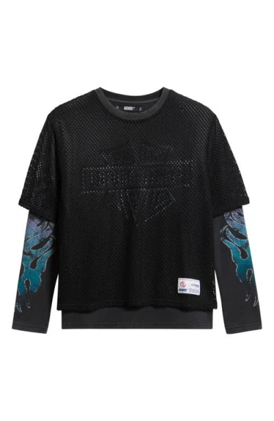 Memory Lane Mesh Overlay Long Sleeve Graphic T-shirt In Black