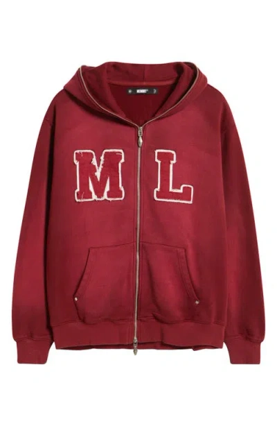 Memory Lane Oversize Initial Appliqué Zip Hoodie In Burgundy