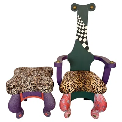 Pre-owned Memphis Group Eccentric Hand-painted Postmodern Memphis-style Armchair & Ottoman In Brown