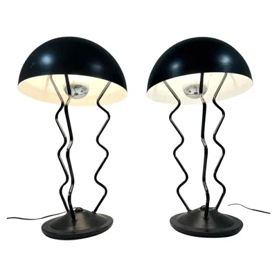 Pre-owned Memphis Milano Pair Of  Style Post Modern Steel Squiggle Dome Lamps In Black