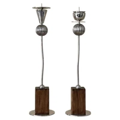 Pre-owned Memphis Milano Pair Of Postmodern Candlesticks By Delo Lindo For Algorithme, France, 1990s In Brown