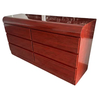 Pre-owned Memphis Milano Post Modern Mahogany Gloss Faux Wood Laminate Waterfall 6 Drawer Dresser In Brown