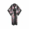 MENG WOMEN'S BLACK WATERCOLOUR FLOWERS SILK SATIN KIMONO