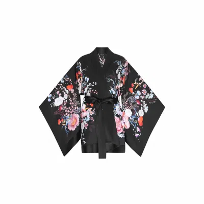 Meng Women's Black Watercolour Flowers Silk Satin Short Kimono