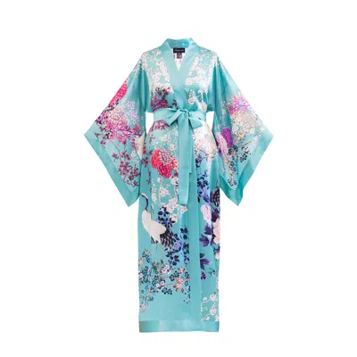 Meng Women's Blue Teal Silk Satin Kimono