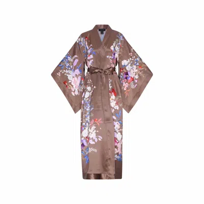 Meng Women's Brown Chocolate Watercolour Flowers Silk Satin Kimono In Black