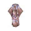 Meng Women's Brown Chocolate Watercolour Flowers Silk Satin Wrap Dress In Brown