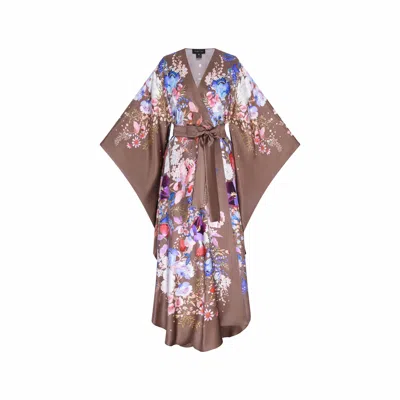 Meng Women's Brown Chocolate Watercolour Flowers Silk Satin Wrap Dress In Multi