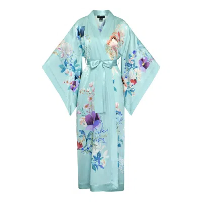 Meng Women's Green Silk Satin Kimono In Blue