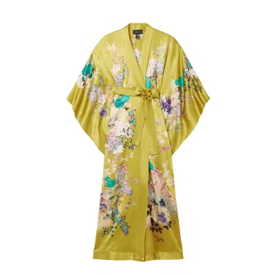 Meng Women's Green / Yellow / Orange Green Crane Silk Satin Kimono In Multi