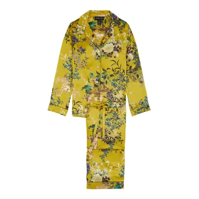 Meng Women's Green / Yellow / Orange Green Crane Silk Satin Pyjama Set