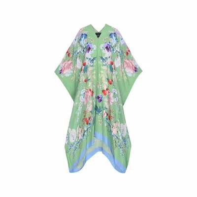 Meng Women's Paris Green Watercolour Flowers Silk Georgette Kaftan