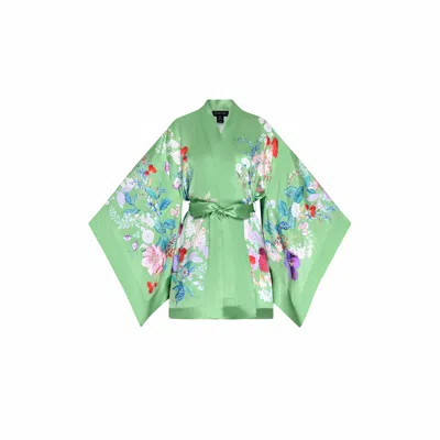 Meng Women's Paris Green Watercolour Flowers Silk Satin Short Kimono