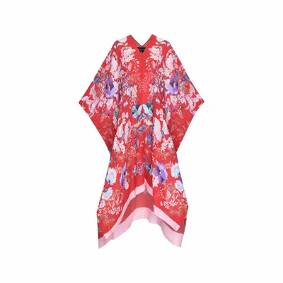 Meng Women's Red Watercolour Flowers Silk Georgette Kaftan