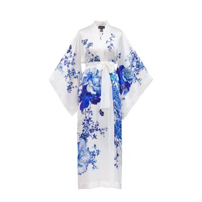 Meng Women's White / Blue White And Blue Porcelain Silk Satin Kimono