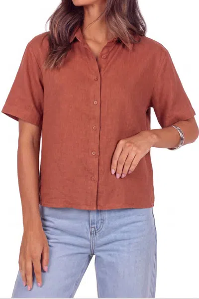 Menina Step Relaxed Fit Folded Cuff Short Sleeve Linen Blend Shirt In Brown