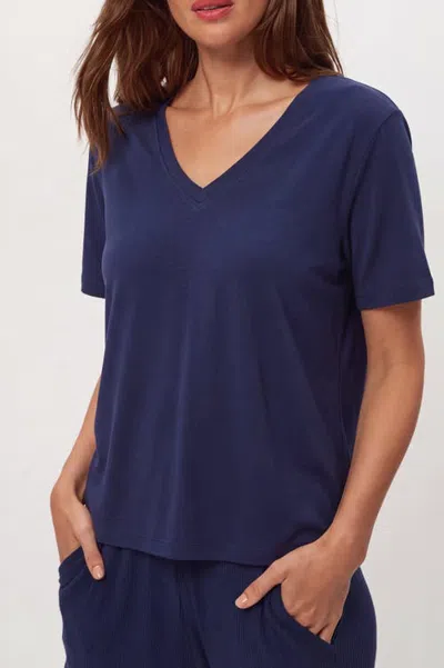 Menina Step Short Sleeve V-neck Cotton T-shirt In Blue