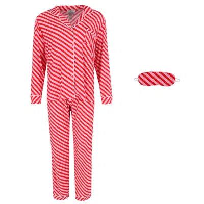 Mentally Exhausted Women's Candy Cane Stripe Pajama Set With Eye Mask In Red