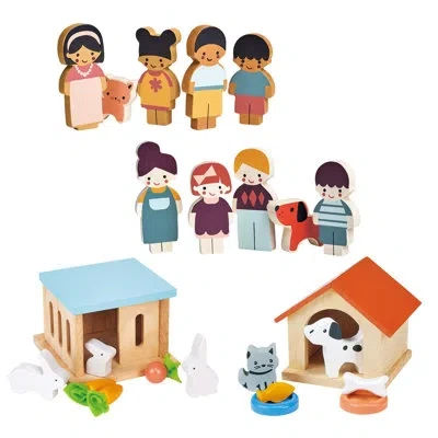 Mentari Toys Doll Family And Pets Bundle In Blue;brown