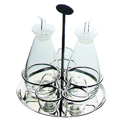 Mepra 5 Pc. Cruet And Salt Cellar Set; Grand Hotel H: 8-1/4", 2 X 10-1/8 Oz. + 3 X 2-3/4 Oz. In Silver