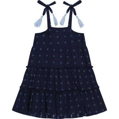 Mer St. Barth Kids'  Bella Girl's Shoulder Tie Sundress Navy Turquoise Swiss Dot