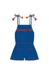 Mer St. Barth Inez Girl's Shoulder Tie Romper Classic Blue Embroidery In Blue