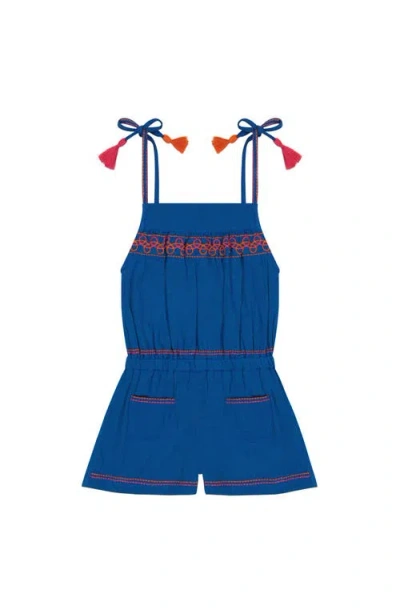 Mer St. Barth Kids'  Inez Girl's Shoulder Tie Romper Classic Blue Embroidery