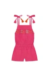Mer St. Barth Inez Girl's Shoulder Tie Romper Raspberry Embroidery In Pink