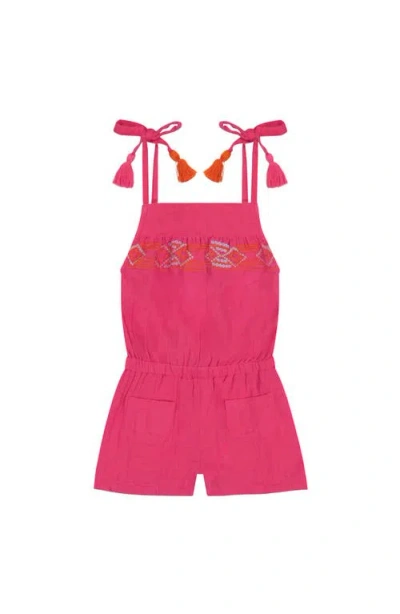 Mer St. Barth Babies'  Inez Girl's Shoulder Tie Romper Raspberry Embroidery In Pink