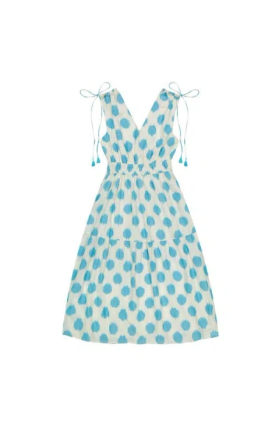 Mer St. Barth Ruched Shoulder Tie Maxi Dress Cream Aqua Ikat In Blue