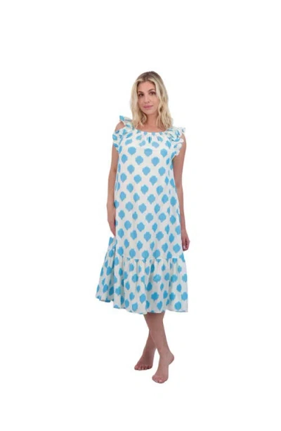 Mer St. Barth Ruffle Sundress Cream Aqua Ikat In Blue
