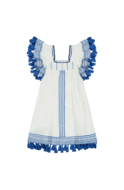 Mer St. Barth Kids'  Serena Girl's Tassel Dress White Lapis Blue Embroidery