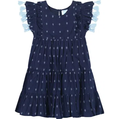 Mer St. Barth Kids'  Sophie Girl's Tassel Dress Navy Turquoise Swiss Dot