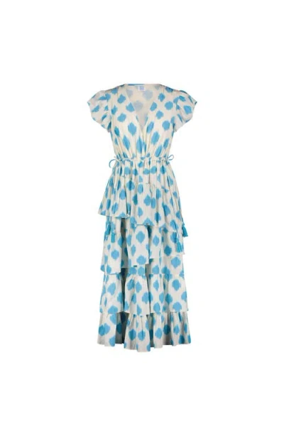 Mer St. Barth Tiered Maxi Dress Cream Aqua Ikat In Blue