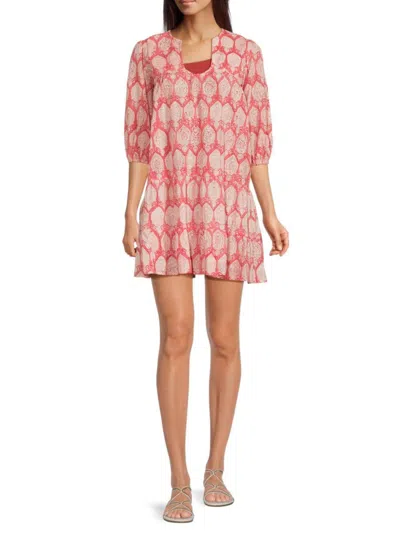 Mer St. Barth Women's Veronique Pattern Mini Drop Waist Dress In Pink Coral