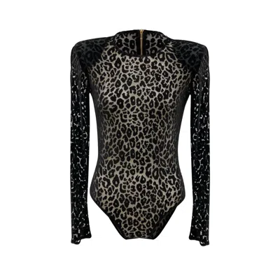 Meraki Official Women's Black Kit Leopard Velvet Bodysuit
