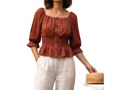 Meraki Out West Button Accent Cinched Waist Knit Boho Blouse In Burnt Orange In Brown
