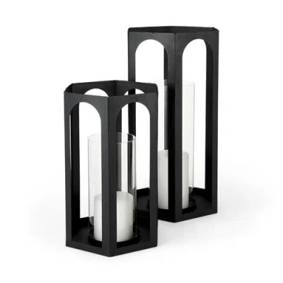 Mercana Balley Set Of Two Metal Hexagonal Candle Holder In Black