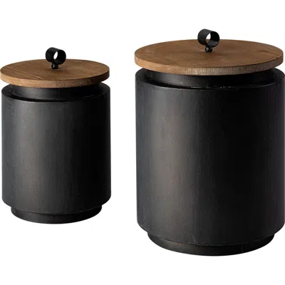 Mercana Cyril Set Of 2 Metal W/ Wood Lids Jars In Black