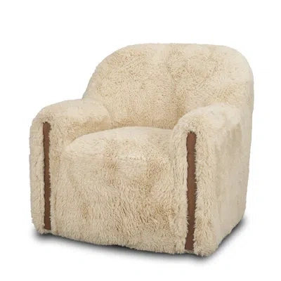 Mercana Huntley Cream Faux Fur Fabric Swivel Accent Chair In Brown